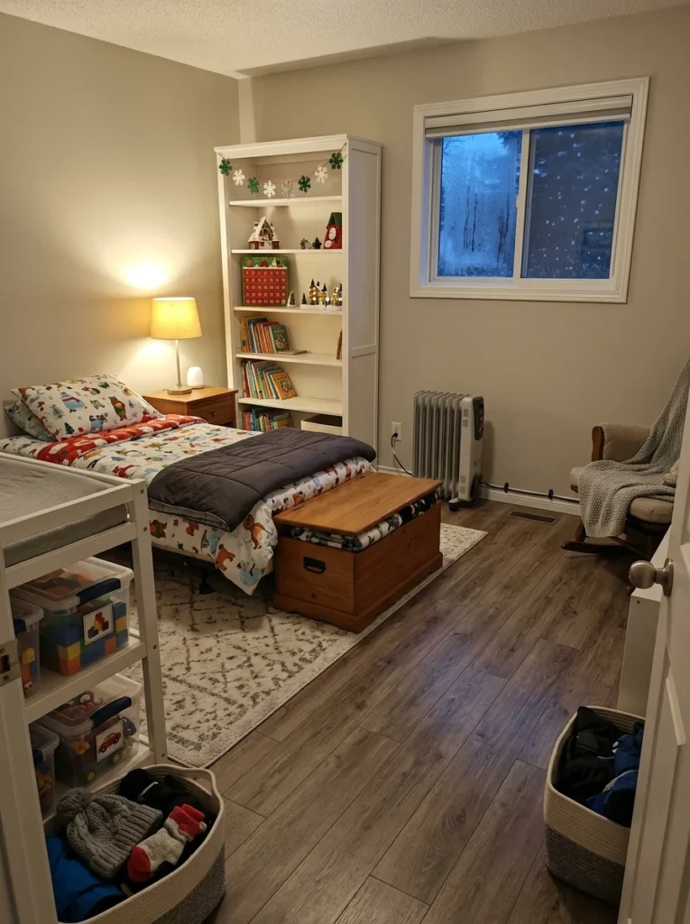 Safe placement of temporary items like heaters and holiday decorations in a child's bedroom.
