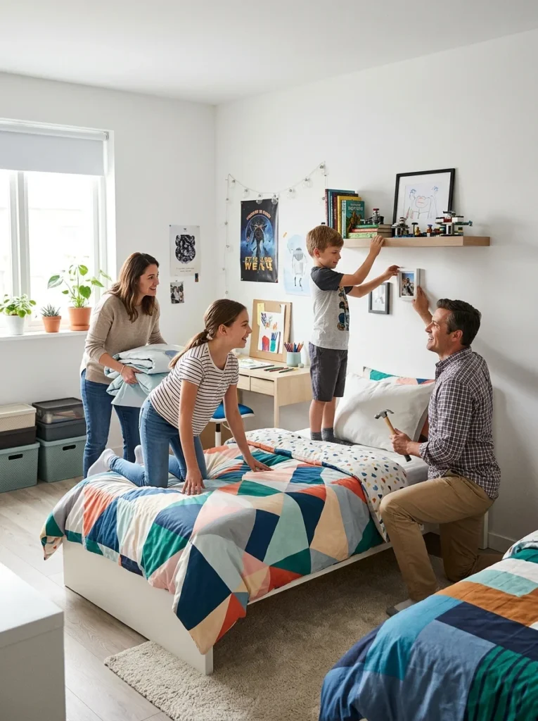 Siblings decorating and organizing their shared bedroom together.