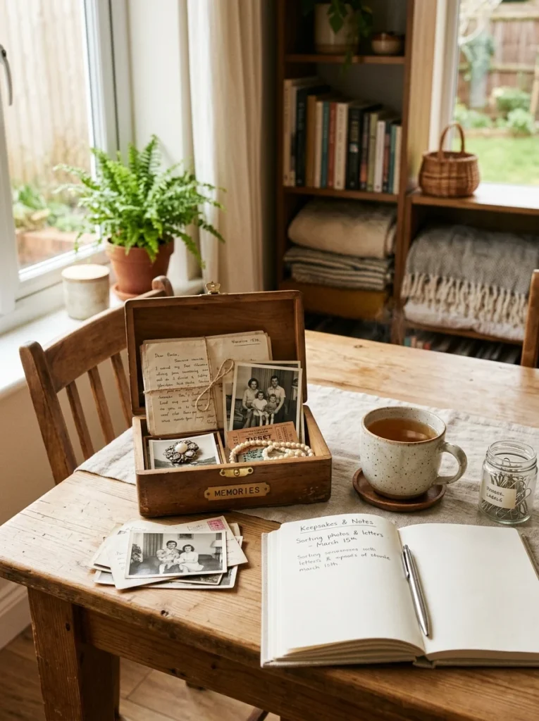 Small organized decluttering session with keepsakes, notebook, and tea.