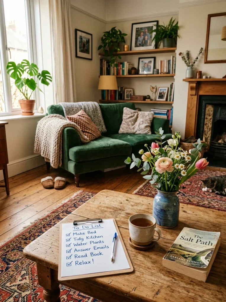 : Comfortable clean living room representing sustainable cleaning habits.