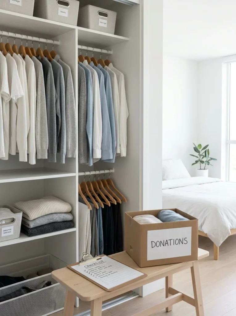 Organized closet with checklist for one-year rule decluttering questions.