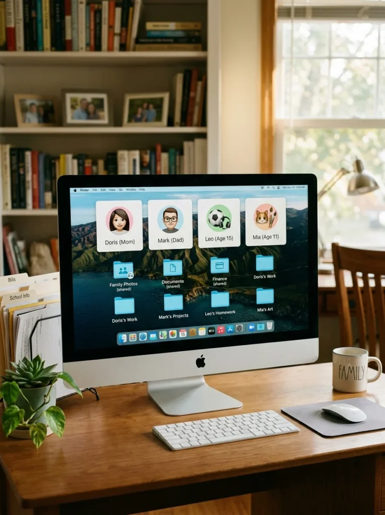 Shared family computer with organized folders and multiple user profiles.