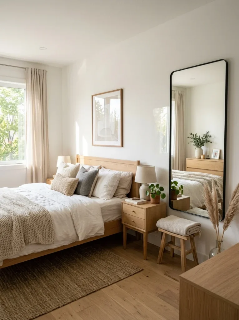 Large mirror reflecting sunlight to make a small bedroom appear brighter and larger.