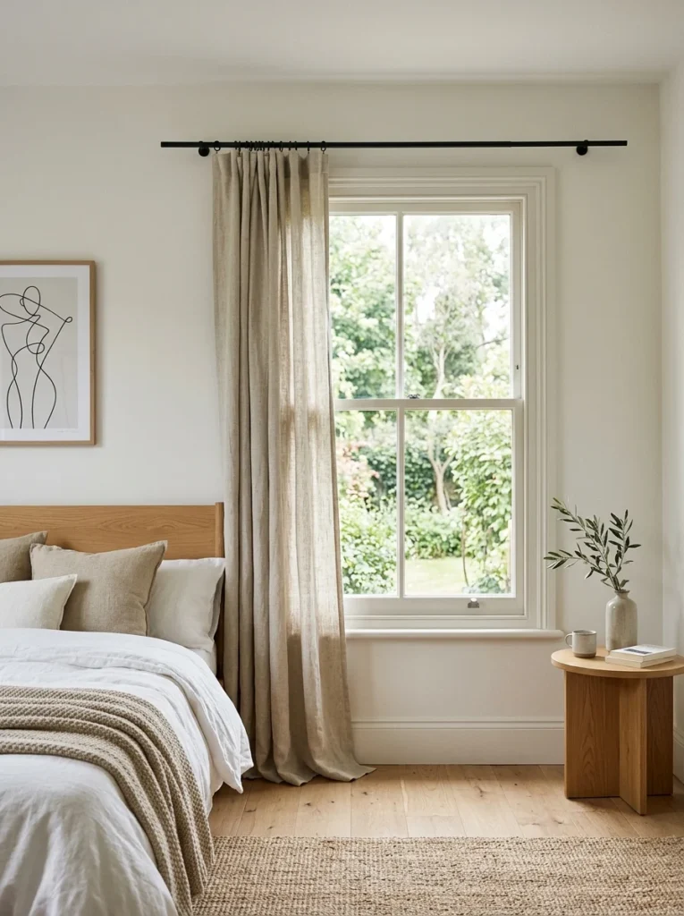 Small bedroom with light linen curtains that maximize natural light.