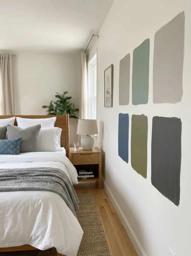 Large paint swatches on a bedroom wall before choosing the final color.