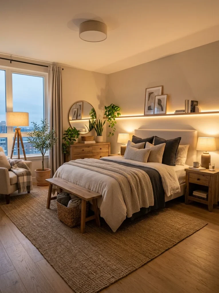 Modern bedroom showcasing multiple lighting options for comfort and relaxation.
