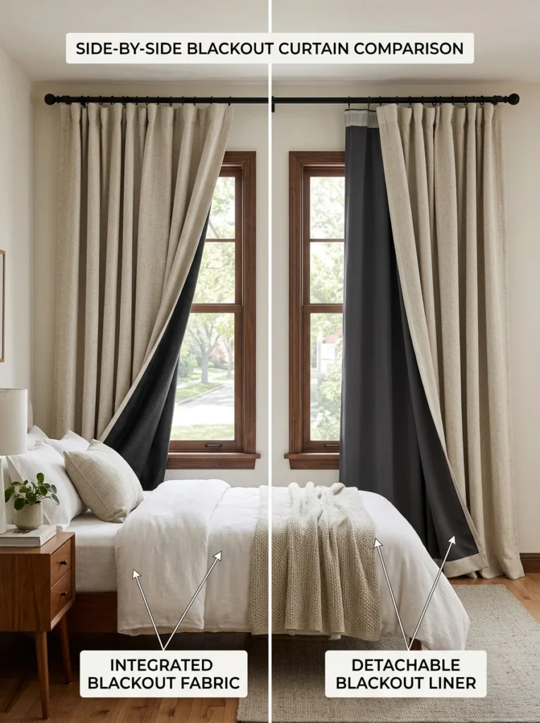 Comparison between blackout curtain fabric and a separate blackout liner.