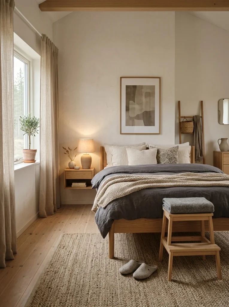 Scandinavian minimalist bedroom with warm lighting, layered bedding, wood furniture, and cozy neutral decor.