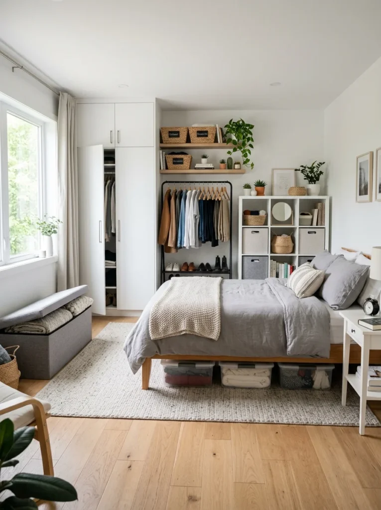 Bedroom displaying multiple smart storage solutions for rooms without built-in closets.