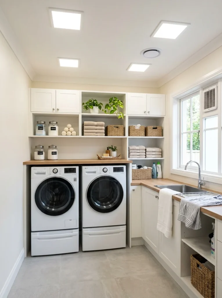 Humidity-rated ceiling light installed in a modern laundry room with washer and dryer.