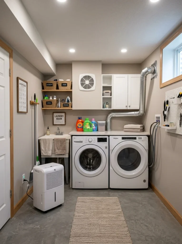 Well-ventilated basement laundry room with dehumidifier and exhaust fan.