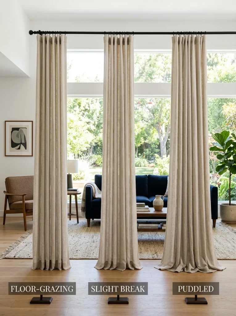 Comparison of floor-grazing, slight break, and puddled curtain styles.