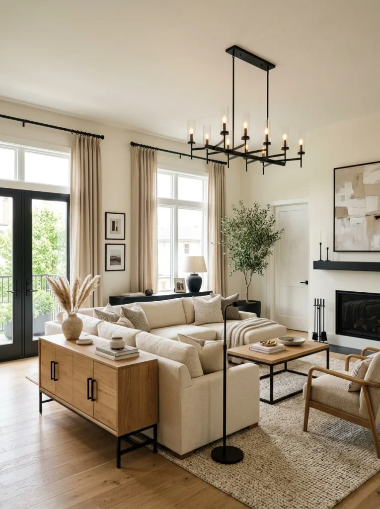 Neutral living room with matching matte black hardware and lighting.