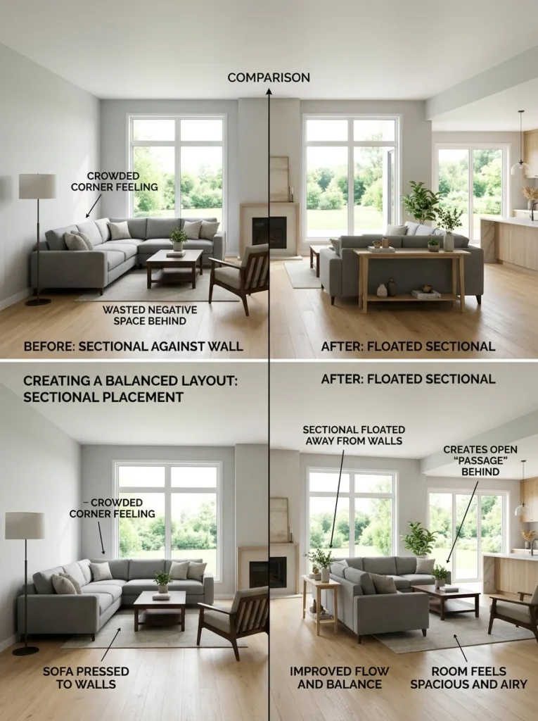 Sectional sofa positioned slightly away from the wall for better room balance.