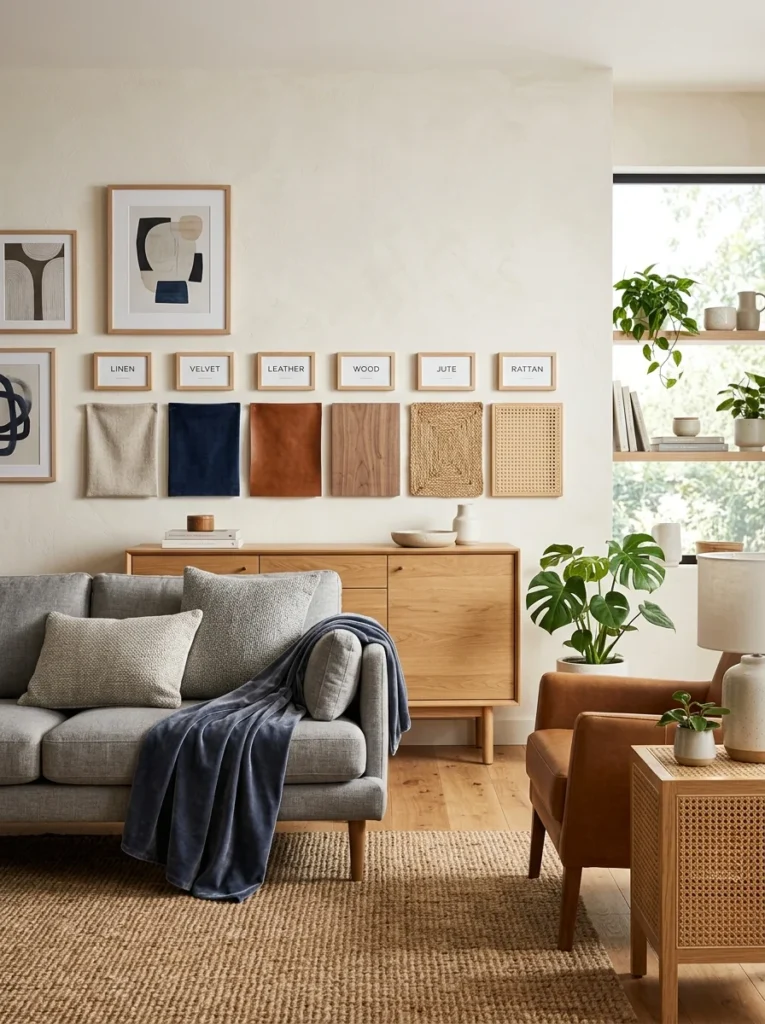 Common living room texture combinations shown in a stylish modern interior.