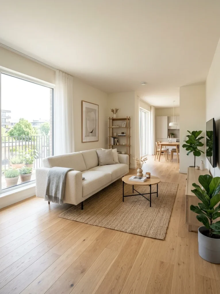 Strategic furniture placement creating a more open walkway in a small living room.