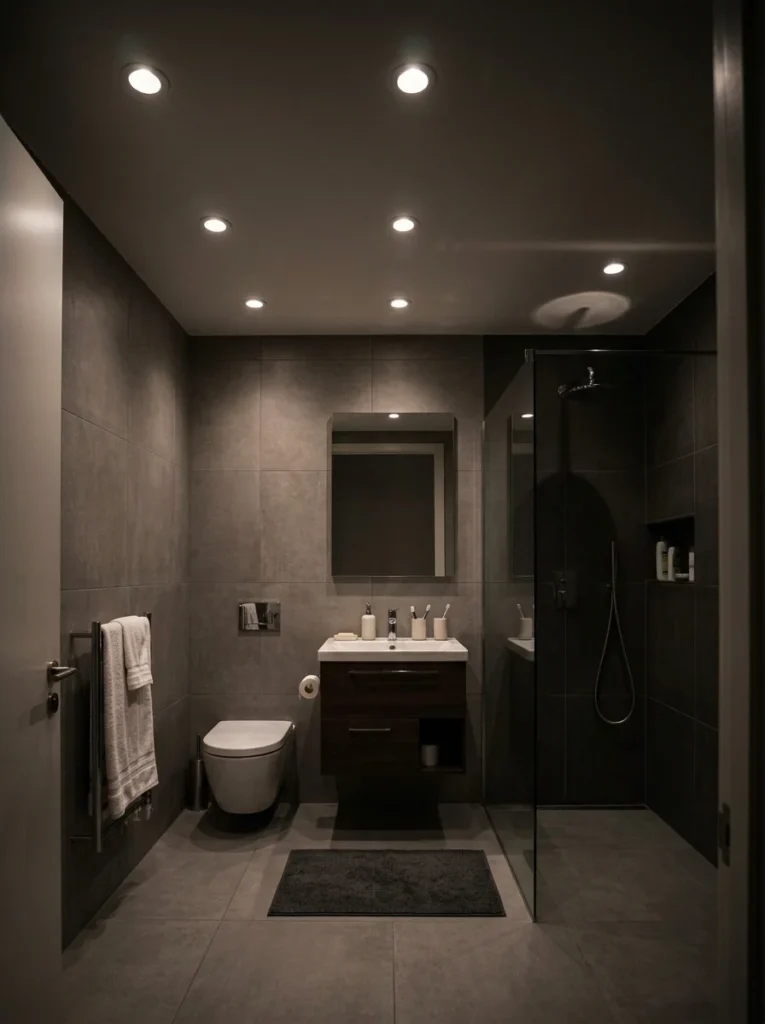 Bathroom illuminated with recessed ceiling lights in a minimalist design.