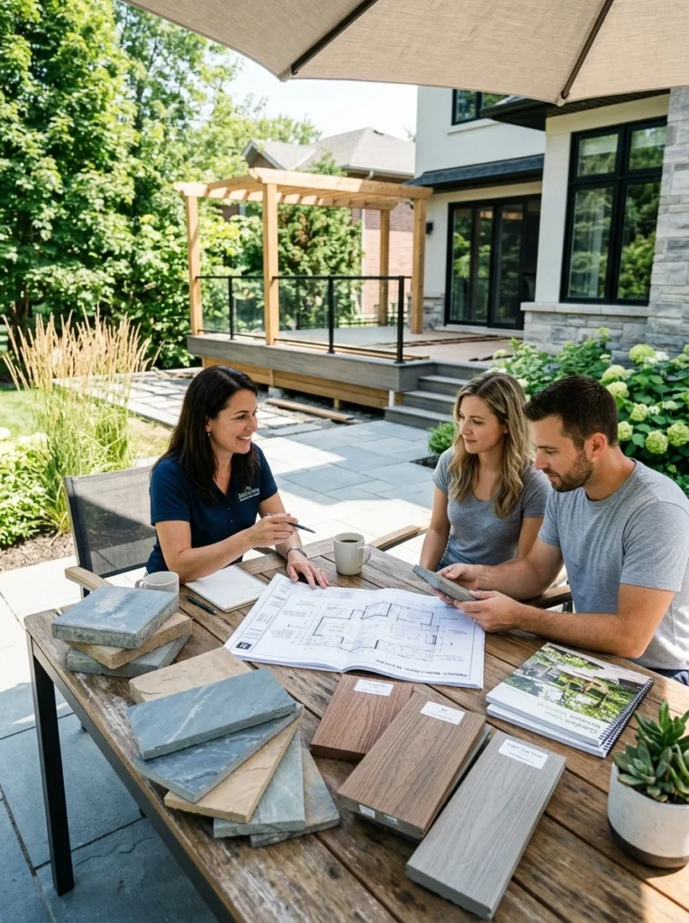 Outdoor construction planning with patio and deck materials.