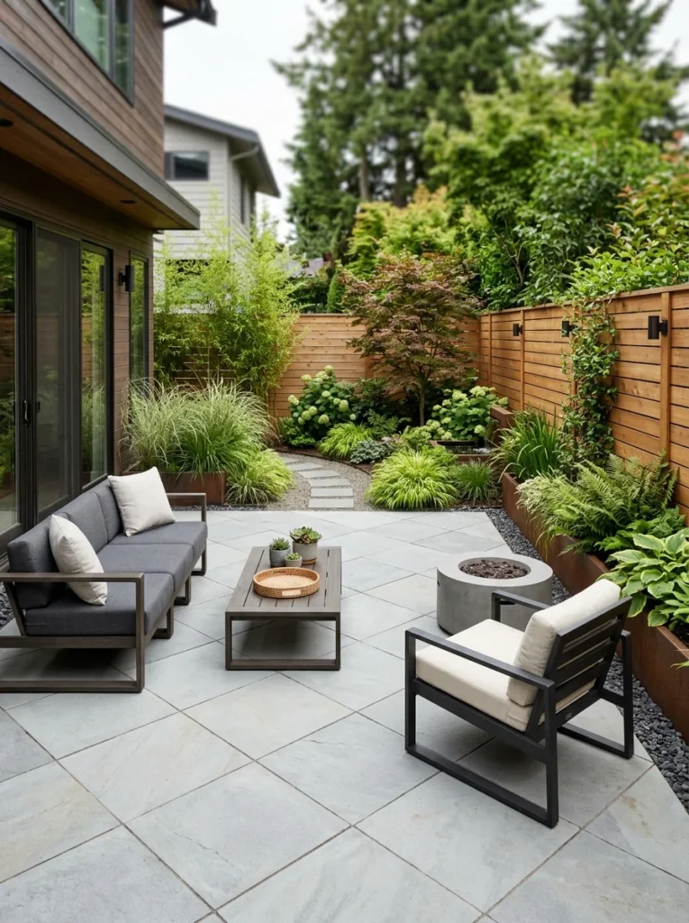 Large-format stone pavers making a small backyard appear larger.