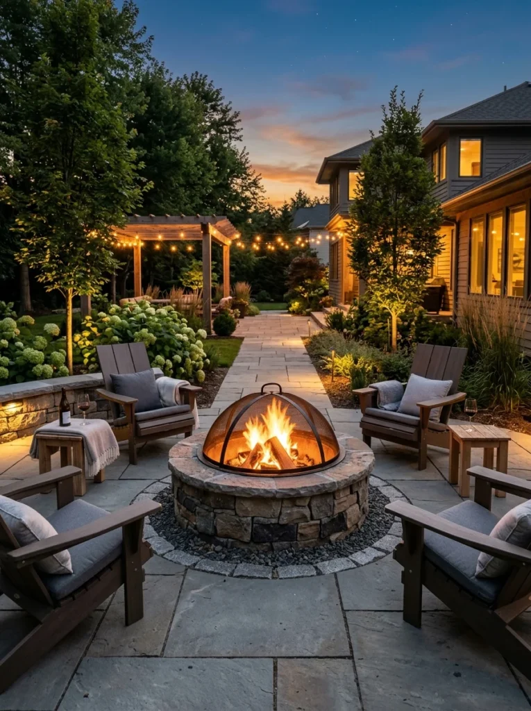 Modern fire pit with safe backyard layout