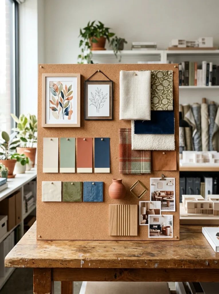 Interior design mood board with artwork, paint samples, and décor inspiration for room planning.