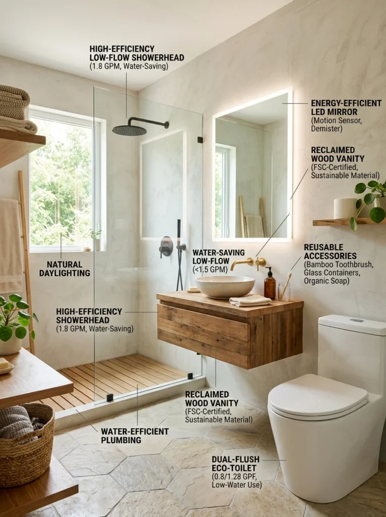 Collection of sustainable bathroom features commonly recommended for eco-friendly homes.