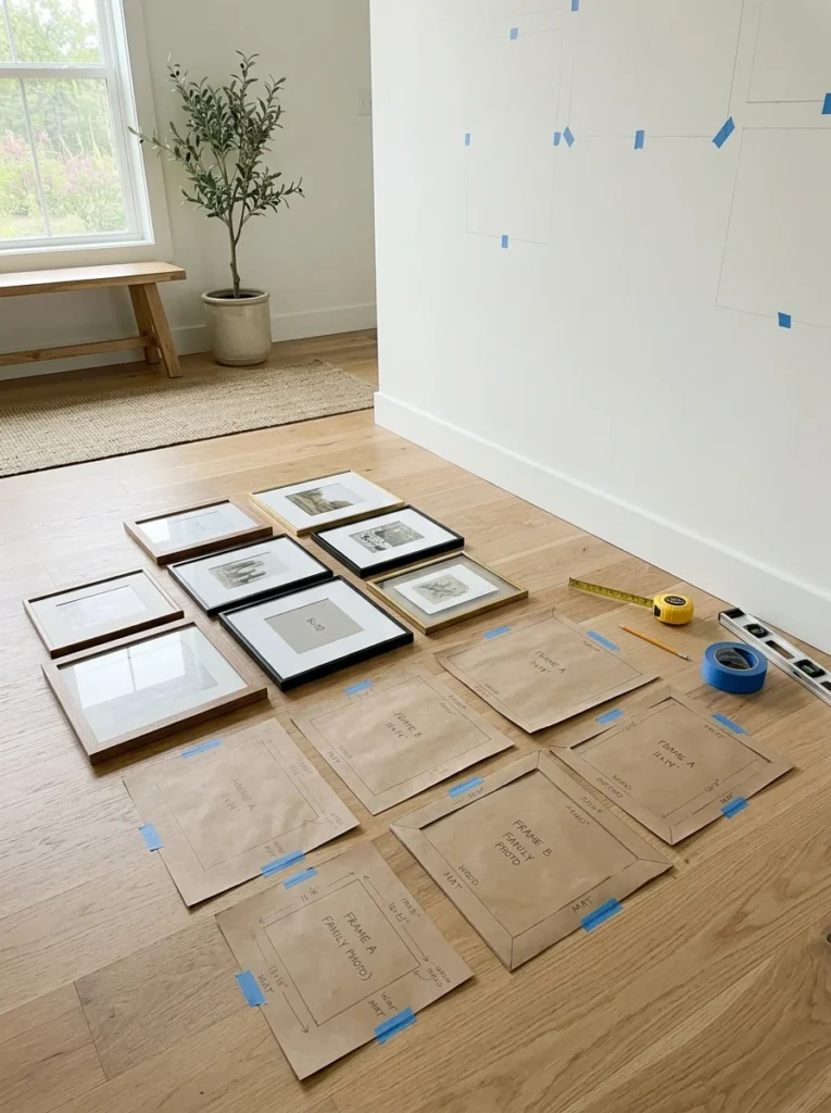 Gallery wall planning before installation.