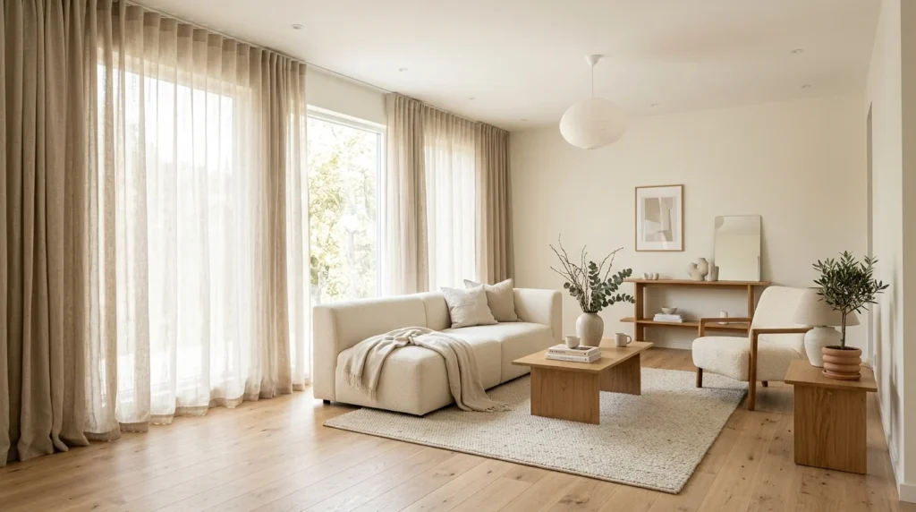 Simple linen curtains complementing a warm minimalist living room.