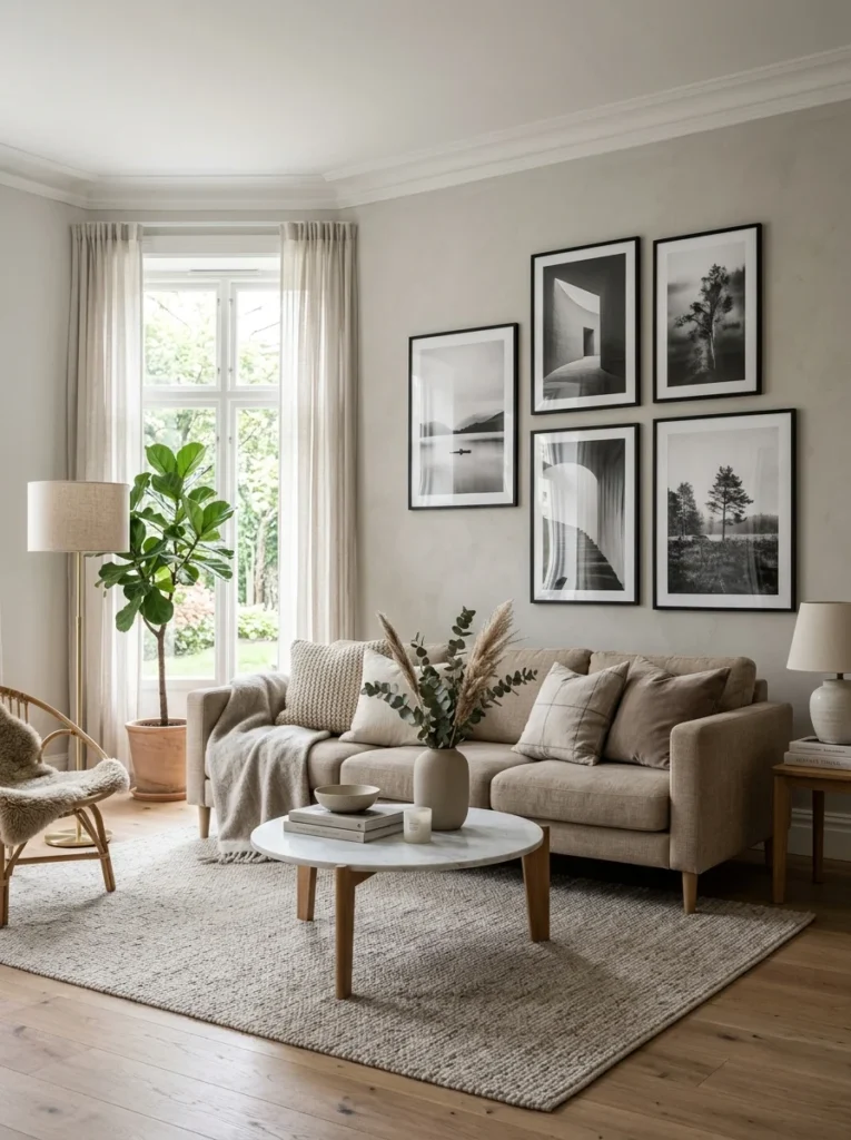 Modern neutral living room decorated with timeless black-and-white framed artwork.
