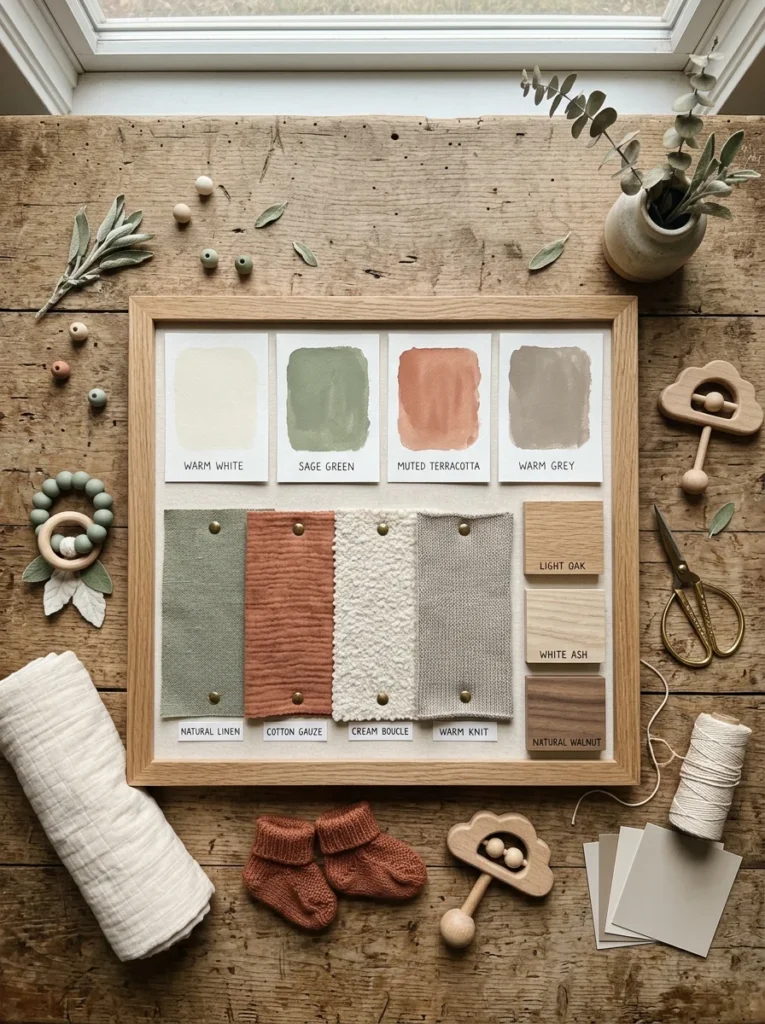 Warm neutral nursery color palette with sage green, warm white, beige, terracotta, and soft grey tones.