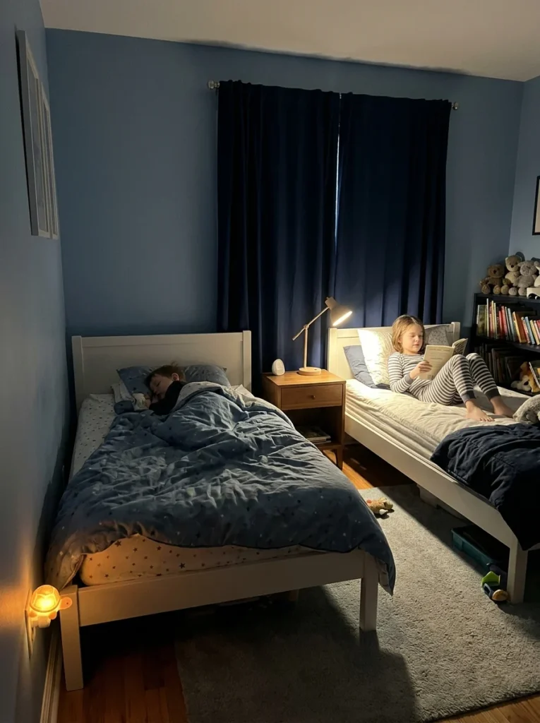 Shared bedroom supporting different bedtime routines for siblings.