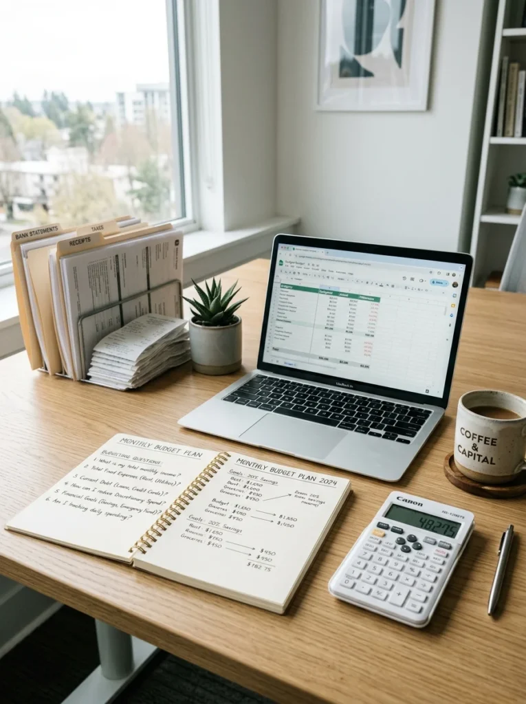 Financial planning desk with budgeting notes and FAQs.