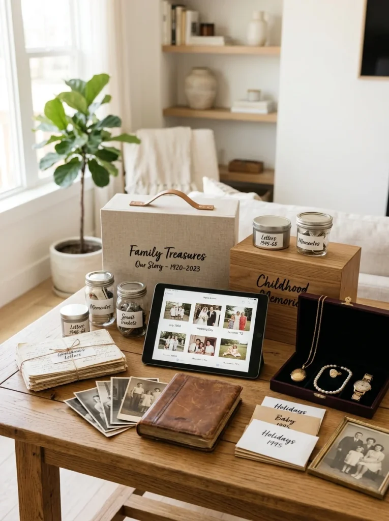 Organized sentimental keepsakes, memory boxes, and digital photo archive on a wooden table.