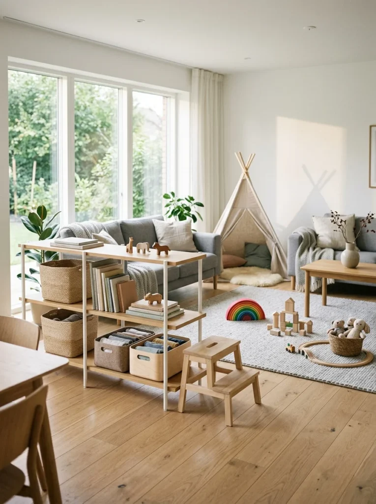 Organized minimalist family home demonstrating practical clutter-free living with children.