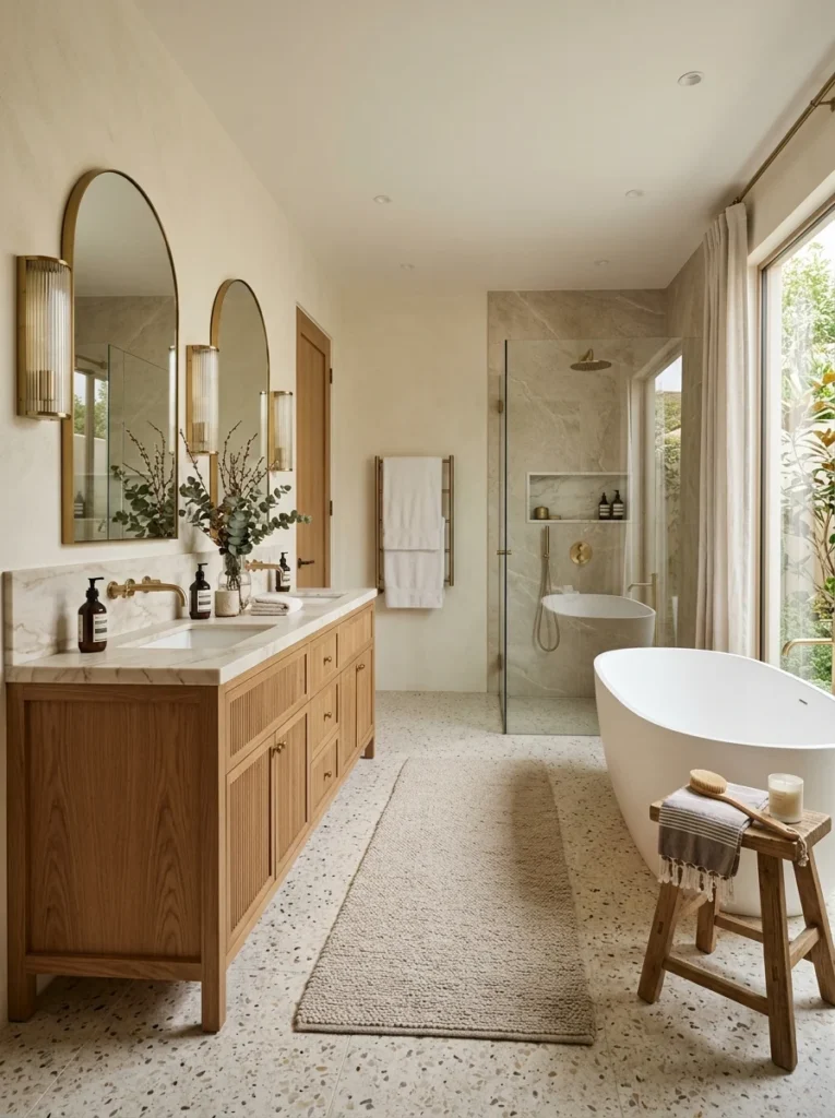 Bathroom with terrazzo and natural stone-look flooring in warm neutral tones.