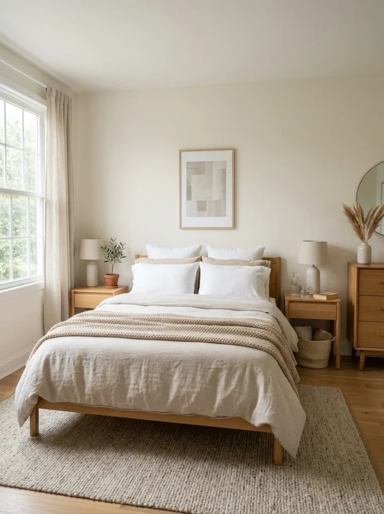 Cozy bedroom designed without work clutter for a peaceful relaxing retreat.