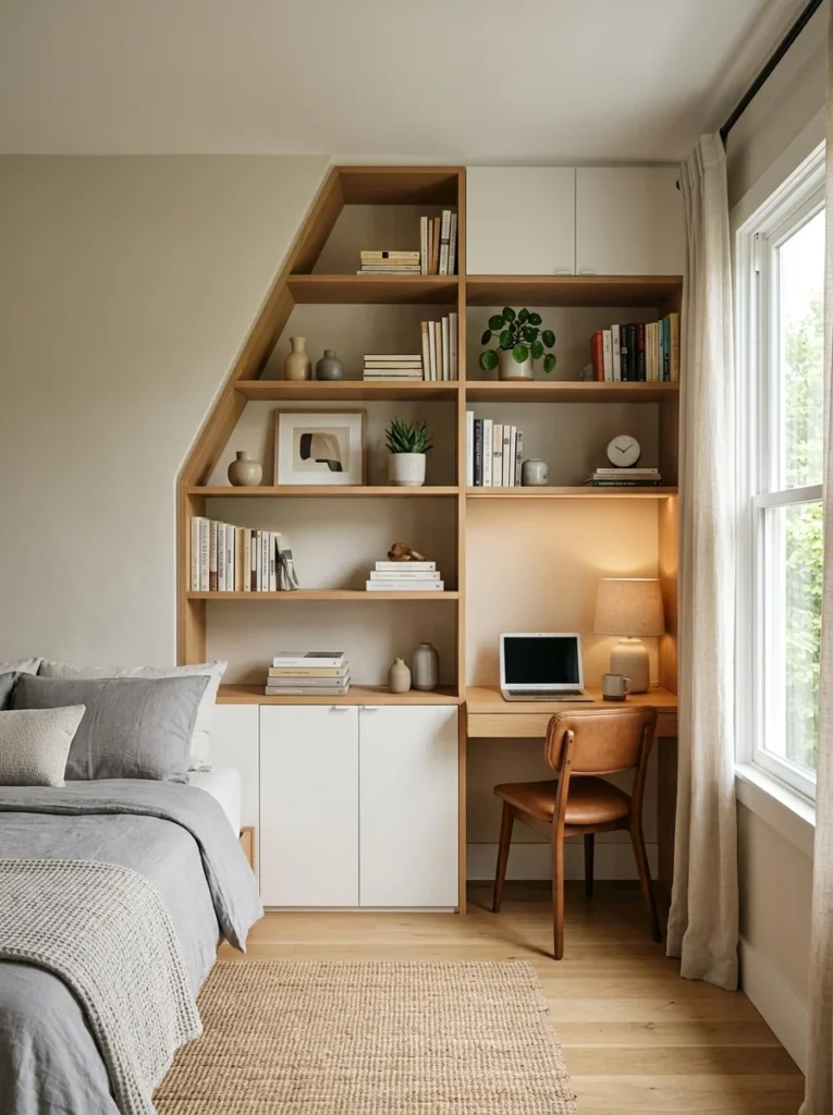 Custom built-in shelves making use of awkward bedroom corners.