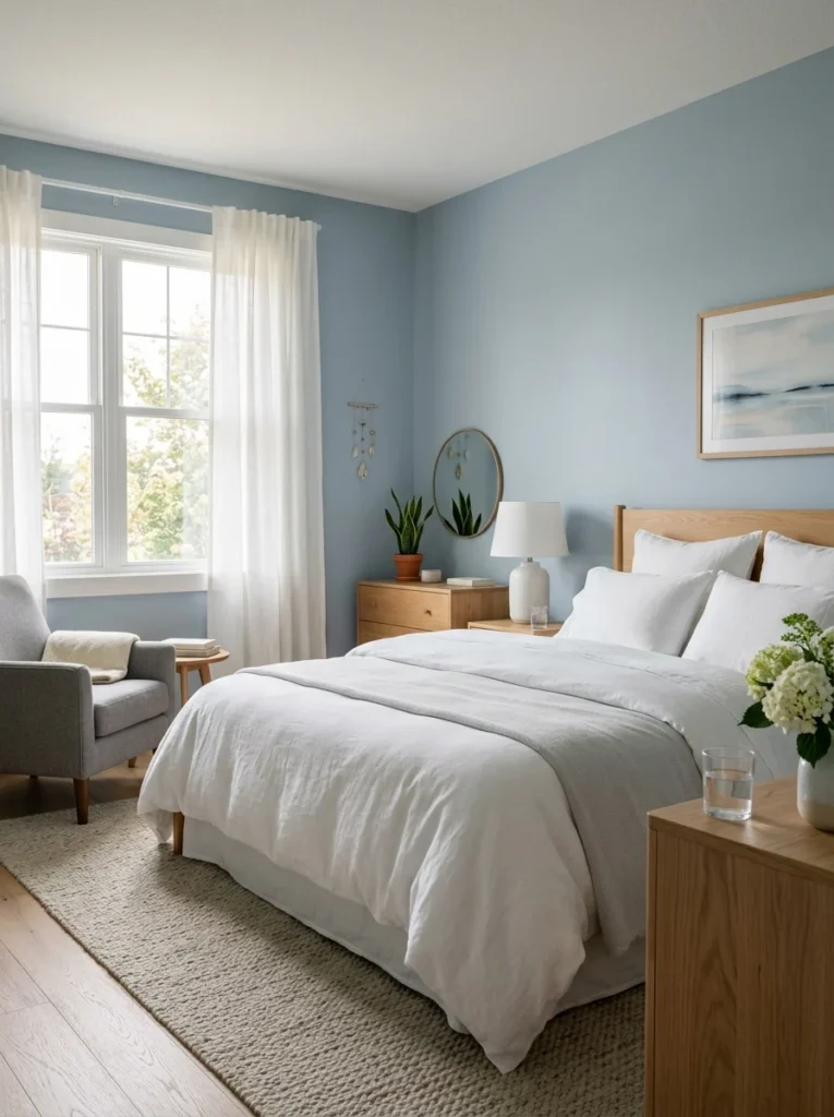 Peaceful blue bedroom commonly recommended for restful sleep.