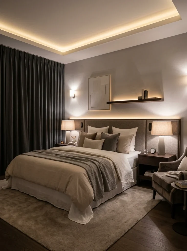 Cozy bedroom with layered warm lighting creating the perfect evening atmosphere.