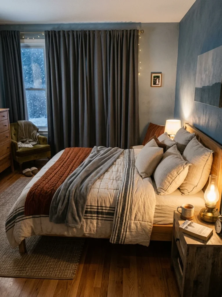 Blackout curtains providing insulation and reducing outside noise.