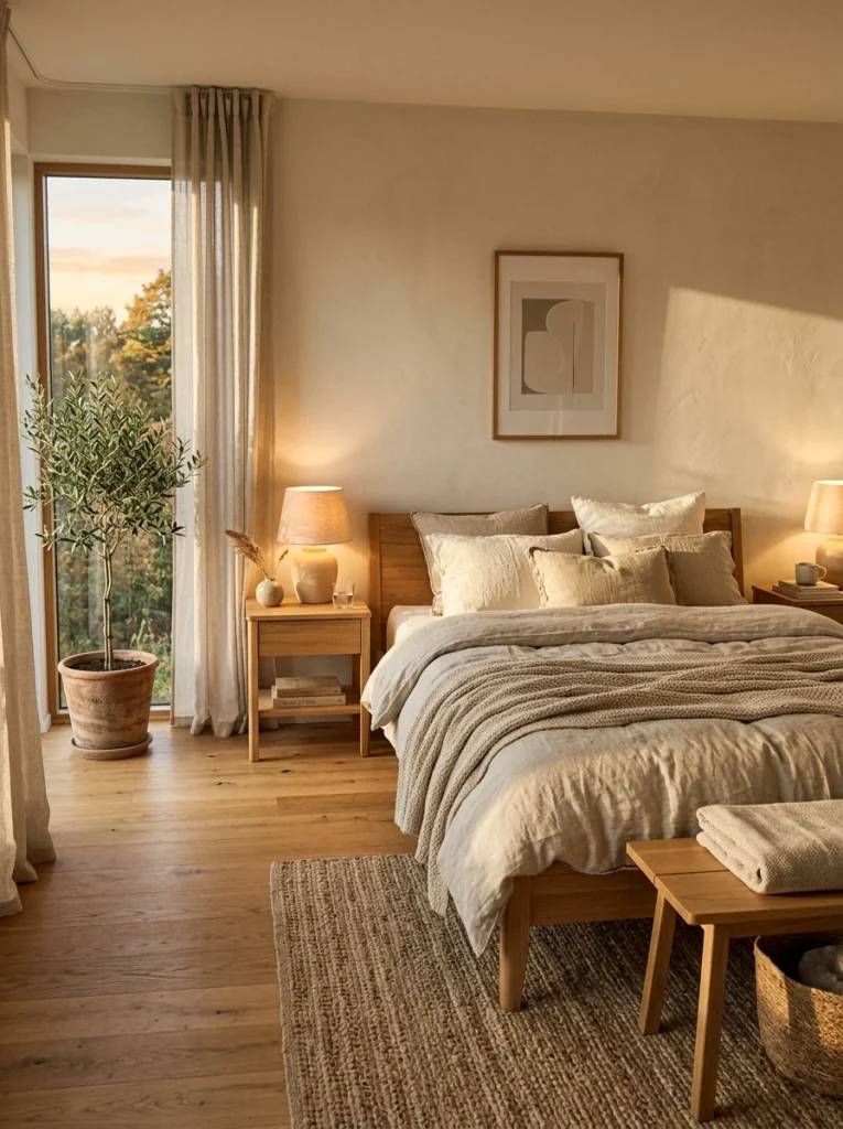 Warm minimalist bedroom with natural textures, layered bedding, cozy lighting, and Scandinavian-inspired decor.