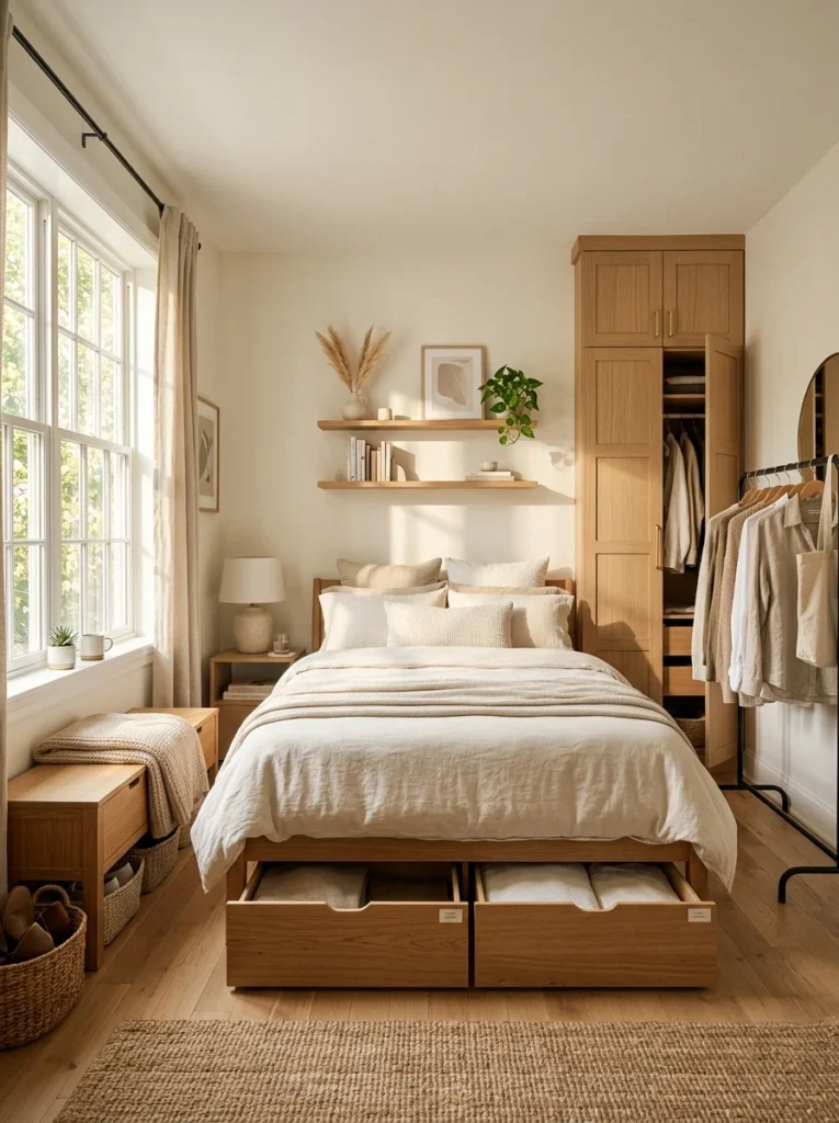 Organized bedroom using wardrobes, shelves, and multifunctional furniture instead of a built-in closet.