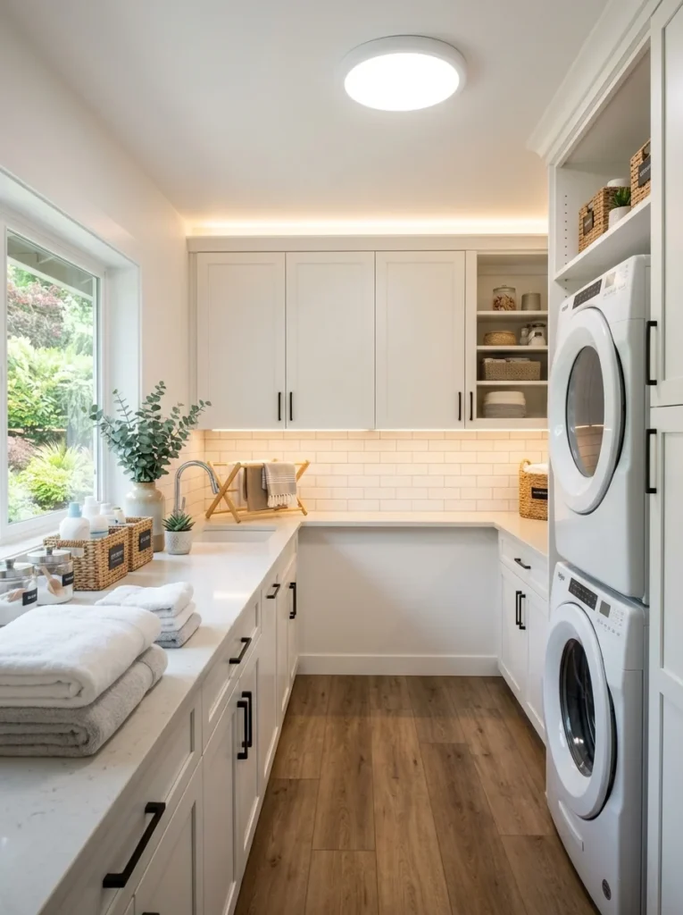 Beautifully illuminated modern laundry room with layered lighting, organized storage, and a functional workspace.