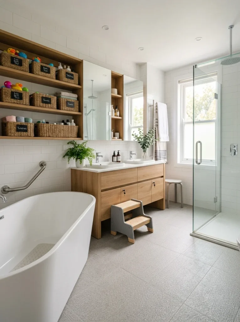 Modern family bathroom featuring essential child safety and storage solutions.