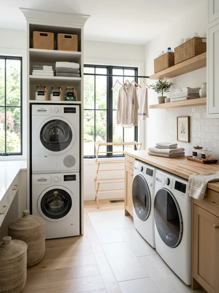 Modern laundry room showing stackable and side-by-side washer and dryer options.