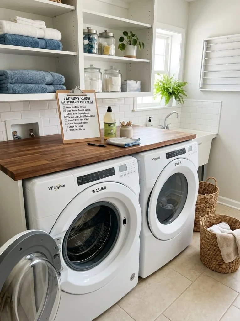 Homeowner reviewing laundry room ventilation and maintenance tips.
