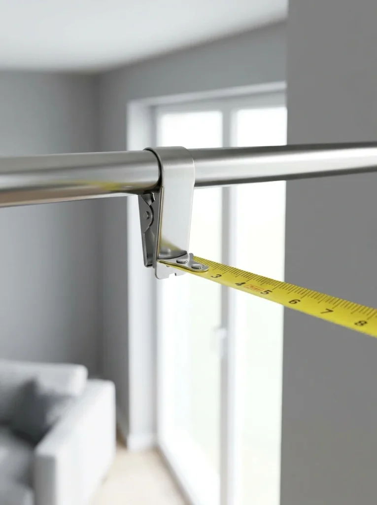 Measuring from the curtain rod to the floor using a tape measure.