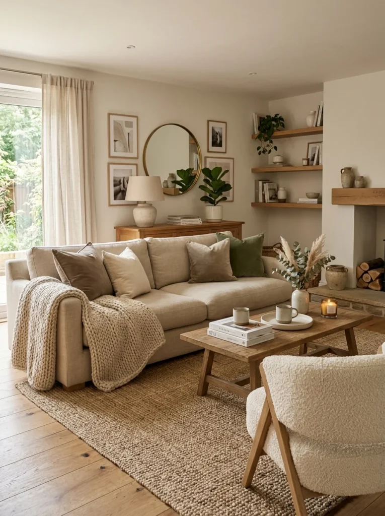 Neutral living room combining linen, boucle, velvet, and knit textures.