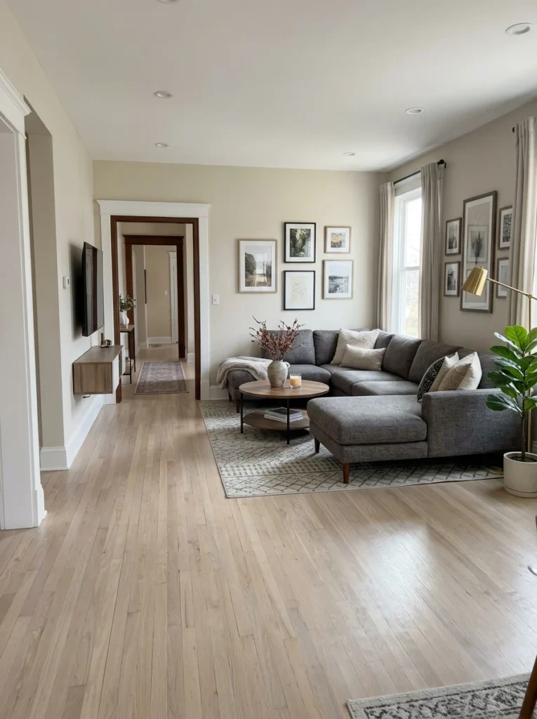 Sectional sofa arranged to keep the doorway and walkway clear.
