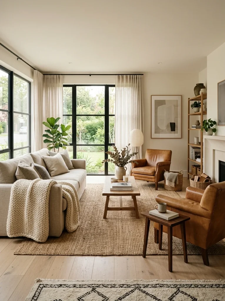 Cozy living room showing a restrained mix of textures for a calm and elegant interior.